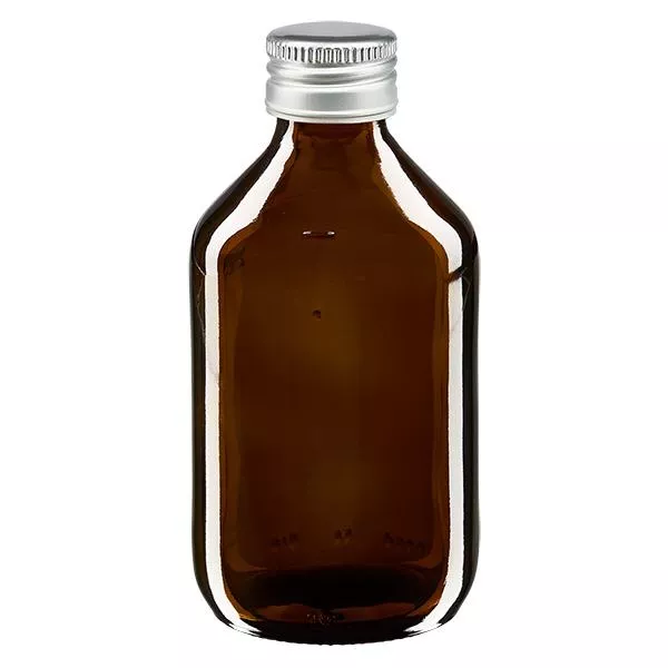 Frasco para medicamentos de 250 ml castanho, com tampa de alumínio prateada ApoGlas Frasco para medicamentos de 250 ml castanho, com tampa de alumínio prateada ApoGlas