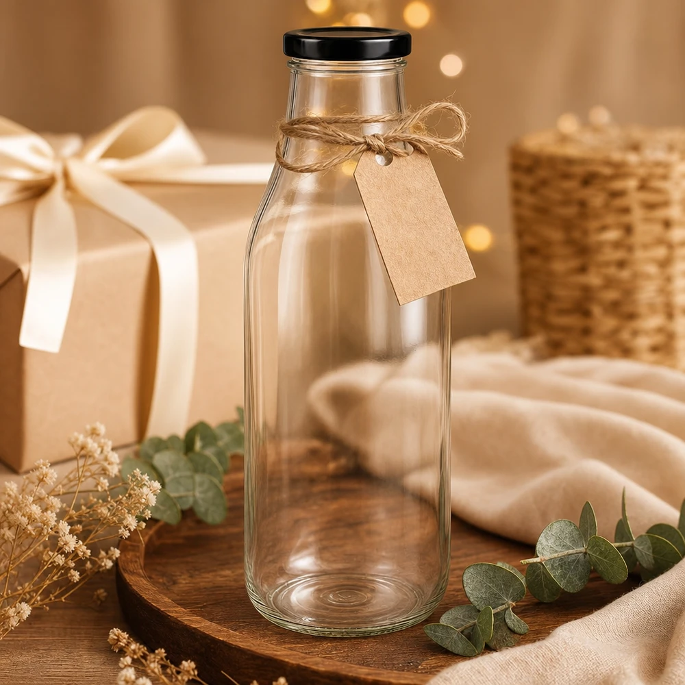 Garrafa de vidro de 1000 ml com tampa preta para oferta, decorada com fita de ráfia e etiqueta de papel kraft