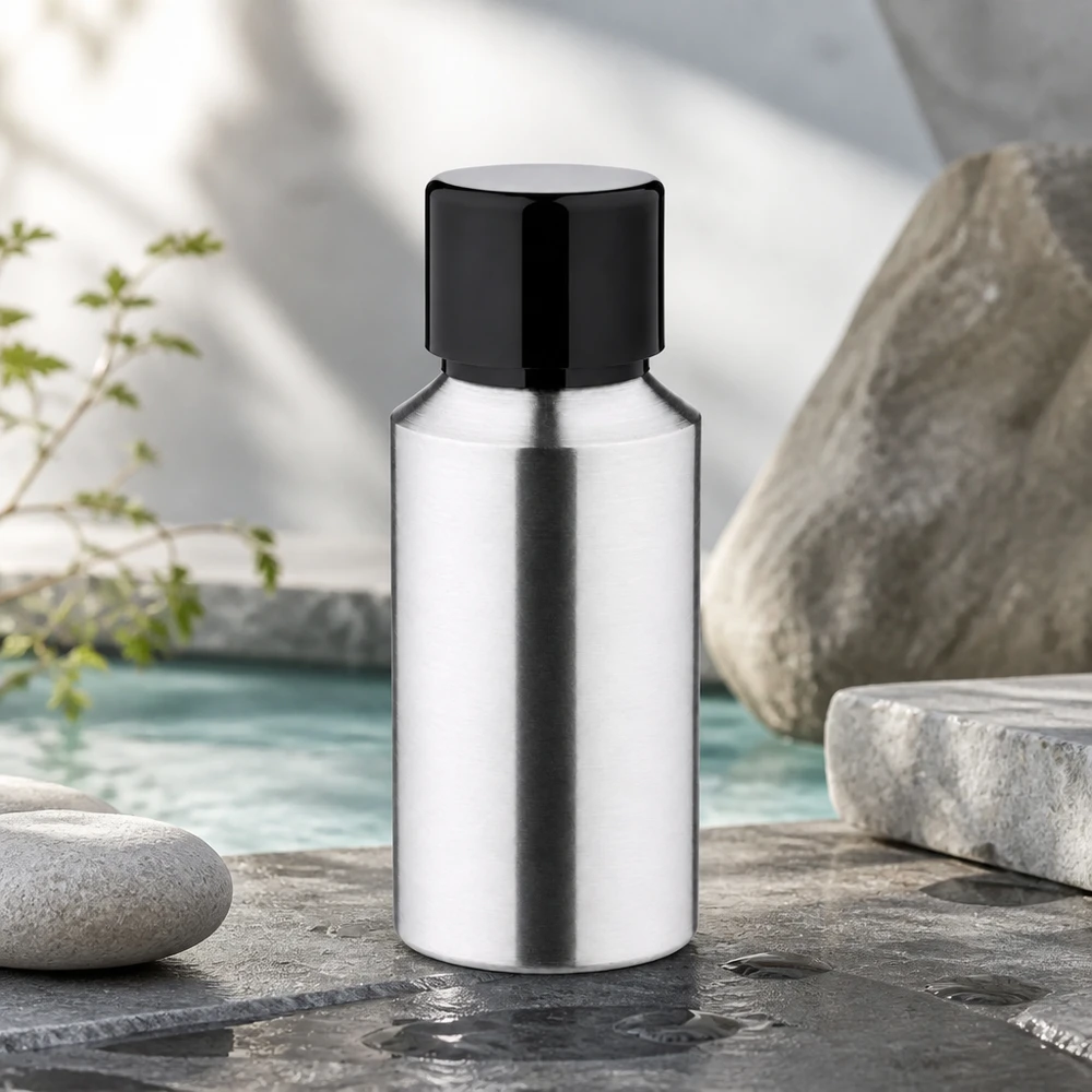 Frasco elegante de 30 ml em alumínio com superfície brilhante e tampa preta para uma apresentação profissional