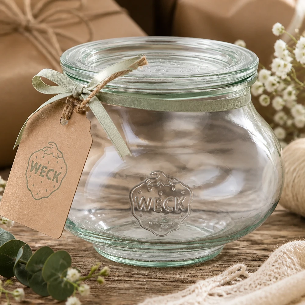 Frasco decorativo de 560 ml com tampa de vidro WECK RR80 Frasco de jóias WECK 560ml com fita de cetim verde e pendente sobre mesa de madeira decorada com flores e renda
