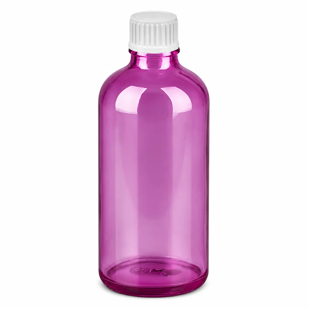 Frasco conta-gotas de 100ml 0,9mm branco padrão PurpleLine UT18/100 Frasco conta-gotas de 100 ml transparente roxo com tampa branca e tampa conta-gotas de 0,9 mm