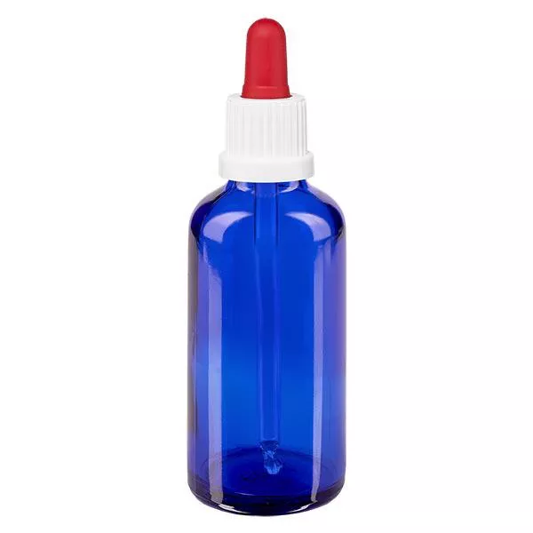 Frasco de farmácia azul 50ml pipeta branca/vermelha tampa inviolável