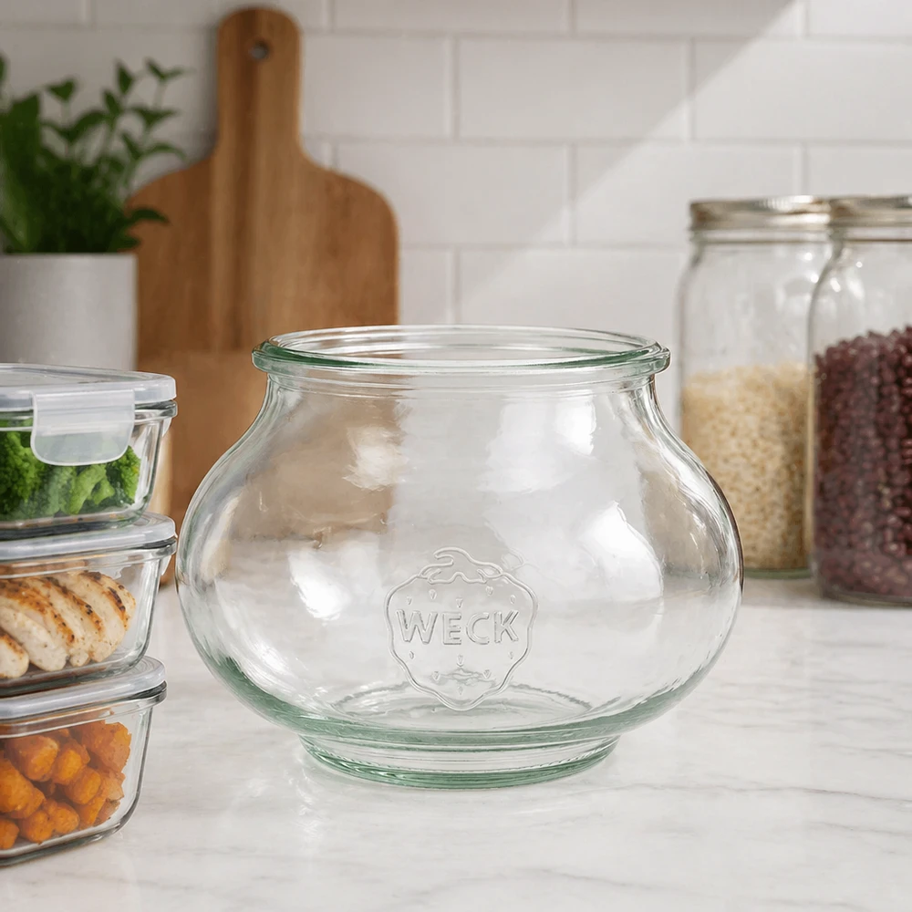 Frasco decorativo WECK RR80 de 560 ml Frasco de jóias WECK 560 ml RR80 numa cozinha moderna entre frascos de arrumação e frascos de vidro numa bancada branca