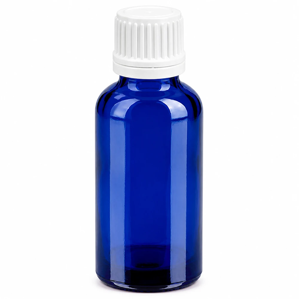 Frasco de vidro azul de 30 ml com tampa de rosca branca para aplicações por gotejamento