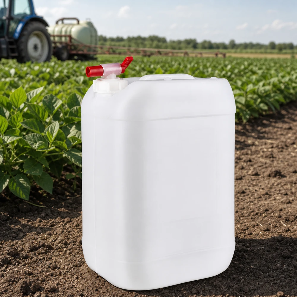 Bidão de 25 litros com torneira de escoamento Balde agrícola de 25 litros com torneira de escoamento num campo, ao lado de um trator com pulverizador agrícola