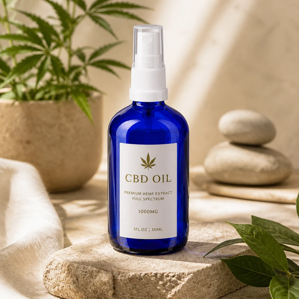 Frasco pulverizador azul de 100 ml em vidro de farmácia com bico pulverizador branco para óleo de CBD e cosméticos naturais