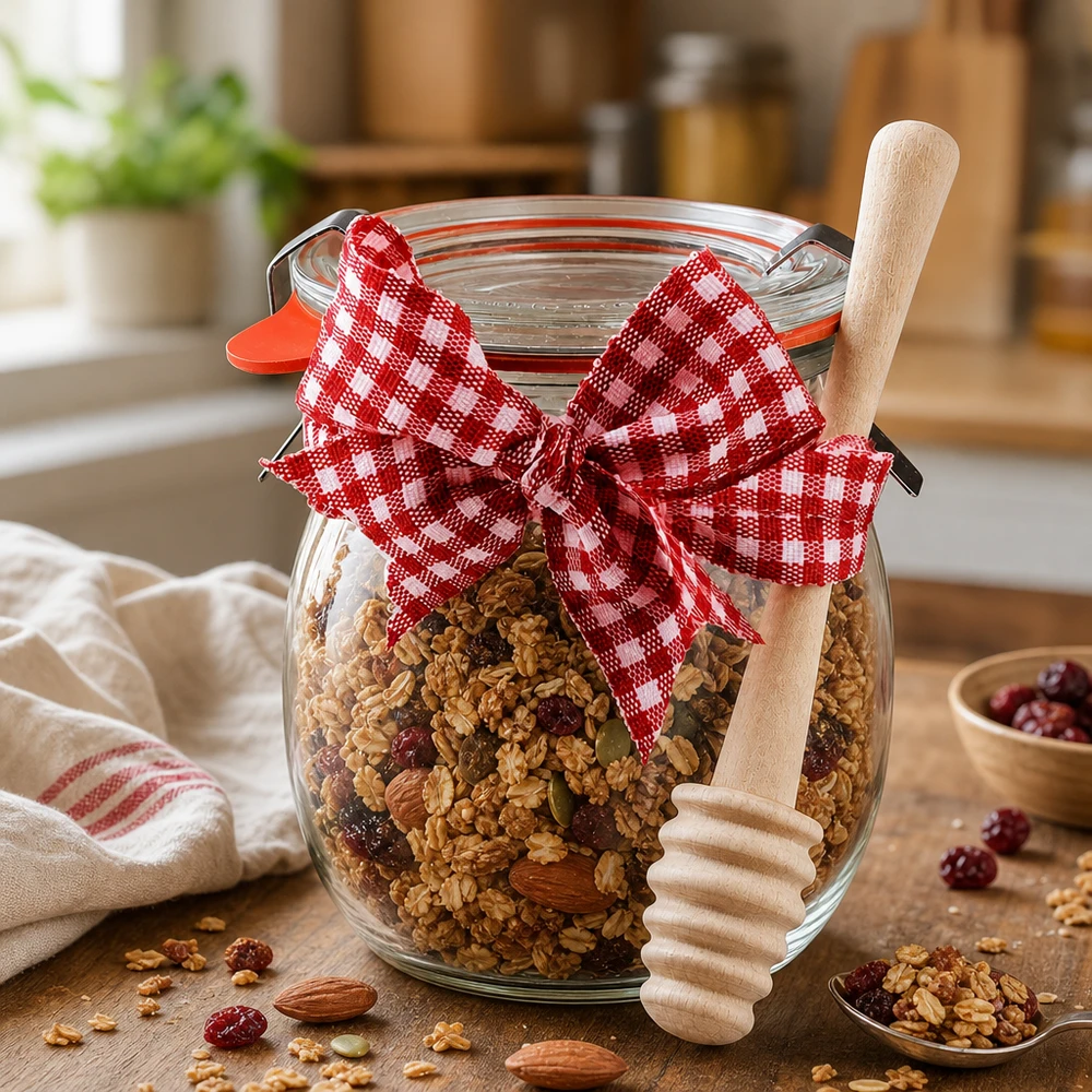 Mini jarro de tulipas WECK 220ml com colher de mel Frasco tulipa WECK de 220 ml cheio de muesli e frutos secos, decorado com um laço axadrezado vermelho e branco e uma colher de mel