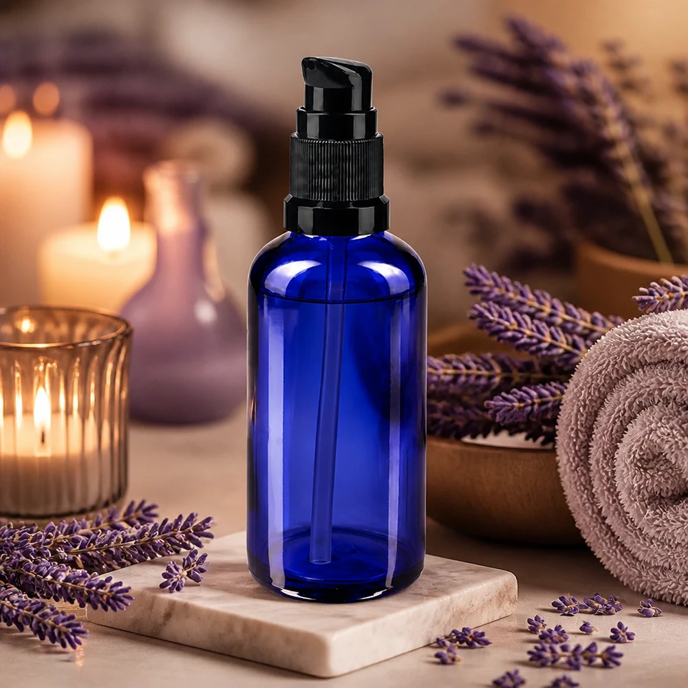 Frasco de farmácia azul 50ml tampa da bomba preto padrão Frasco azul de 50 ml com bomba, em vidro de farmácia, com cabeça de bomba preta, sobre uma base de mármore