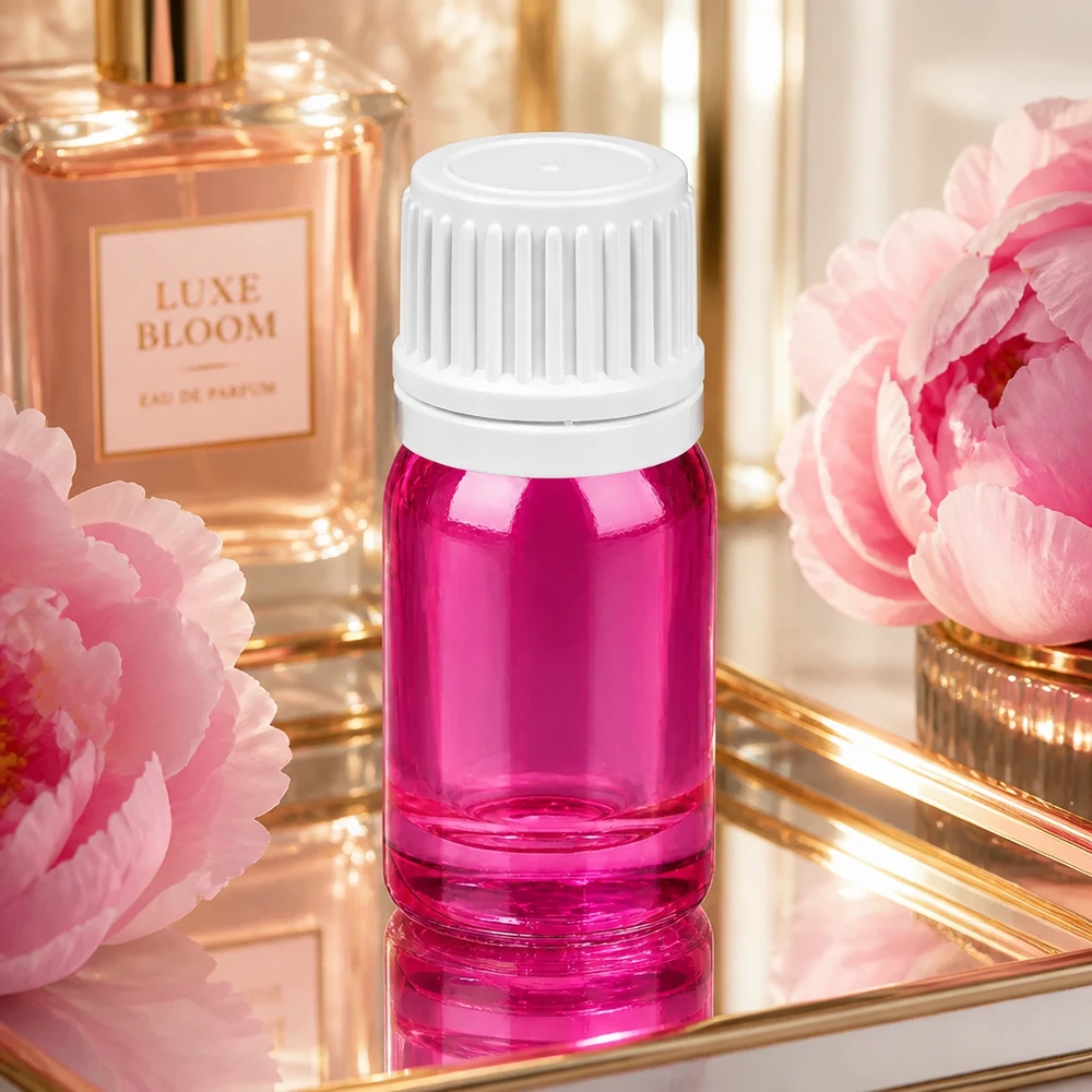 Frasco de 5 ml com tampa de rosca de 11 mm branco Originalidade tampa de rosca PurpleLine UT18/5 Frasco de 5 ml de alto brilho em violeta com tampa branca para óleos de perfume de luxo