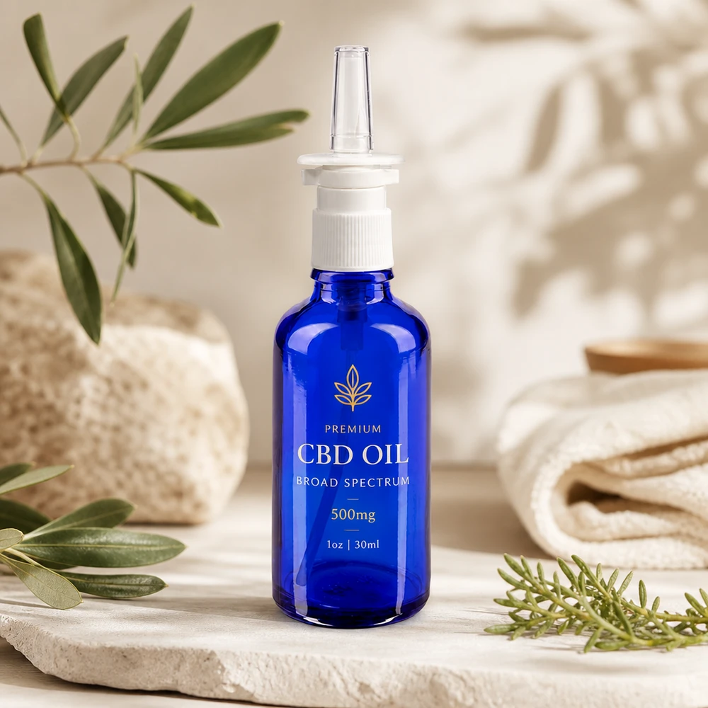 Frasco de vidro azul cobalto de 50 ml com bico dosador branco e bocal transparente – qualidade farmacêutica