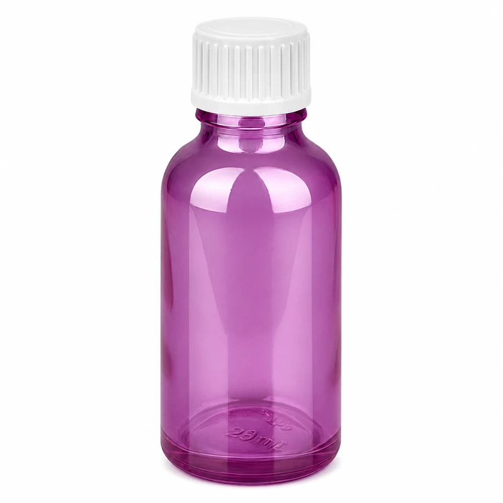 Frasco de 30 ml (glóbulo). Anel de enchimento de 3 mm branco Standard PurpleLine. UT18/30 Frasco de vidro de 30 ml em violeta brilhante com tampa de rosca branca para óleos essenciais