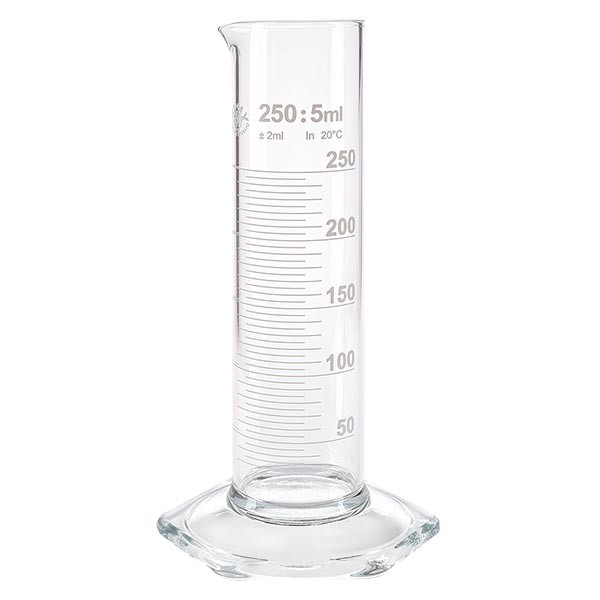Garrafa medidora de 250ml NF em vidro, escala branca Garrafa medidora de 250ml NF em vidro, escala branca