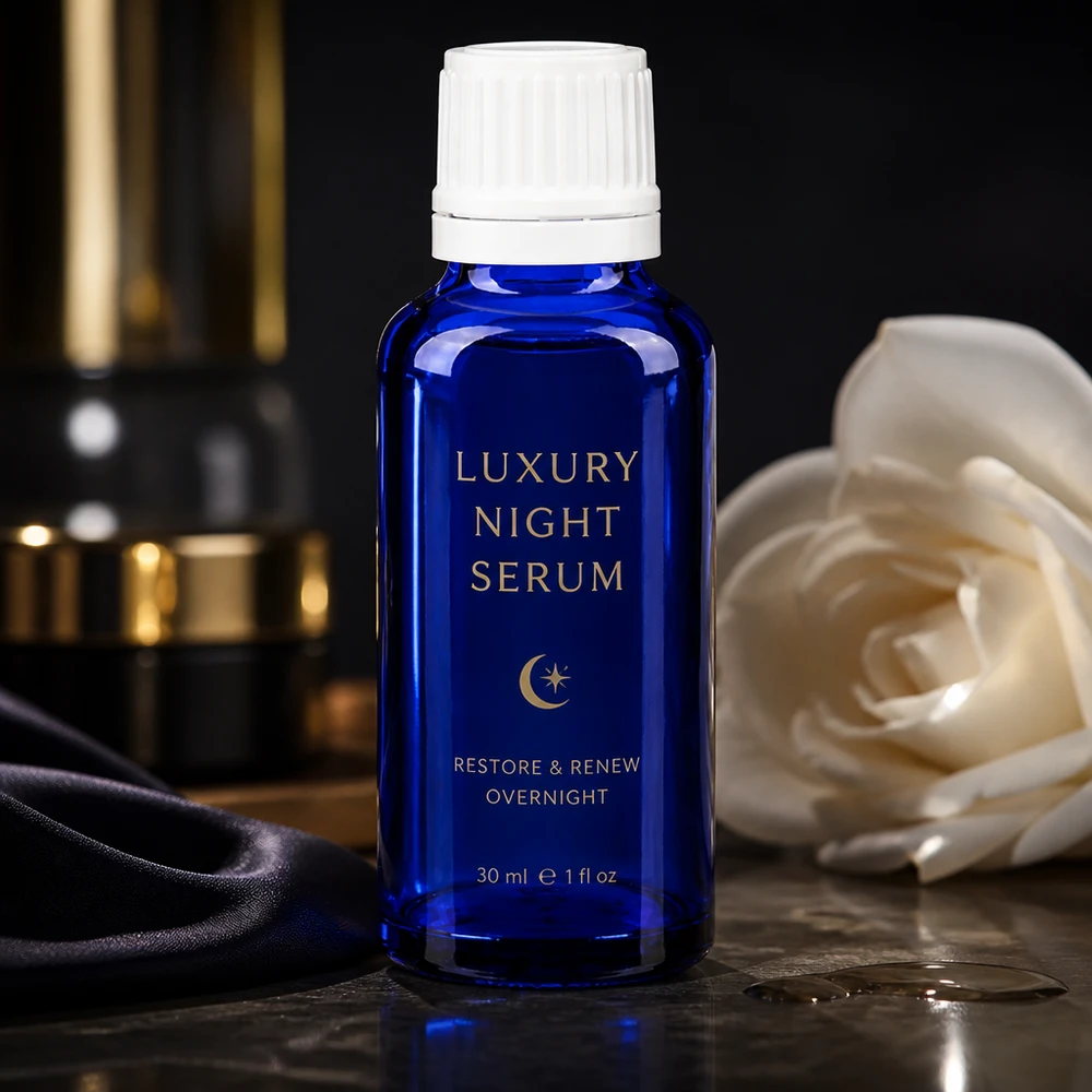 Frasco conta-gotas ApoGlas azul de luxo, com 30 ml, com tampa de segurança branca, para sérum noturno