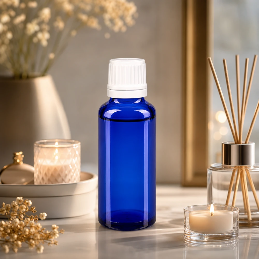 Frasco de vidro azul de 30 ml com tampa conta-gotas branca, em cima de uma superfície de mármore, ao lado de velas e de um difusor de palhinhas