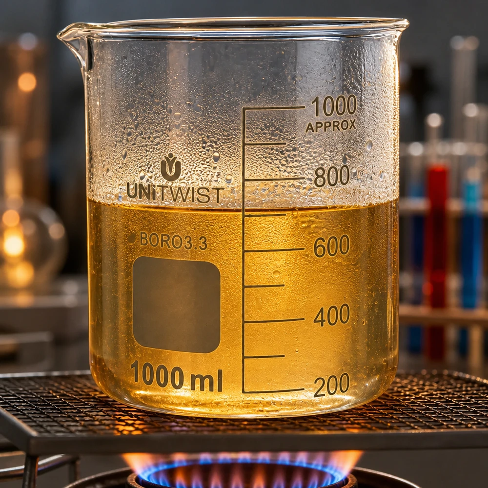 Copo 1000 ml de borossilicato, baixo teor de bolor UNiTWIST Copo de vidro UNiTWIST de 1000 ml, de borossilicato, sobre um queimador a gás, com um líquido amarelo-dourado na marca dos 600 ml