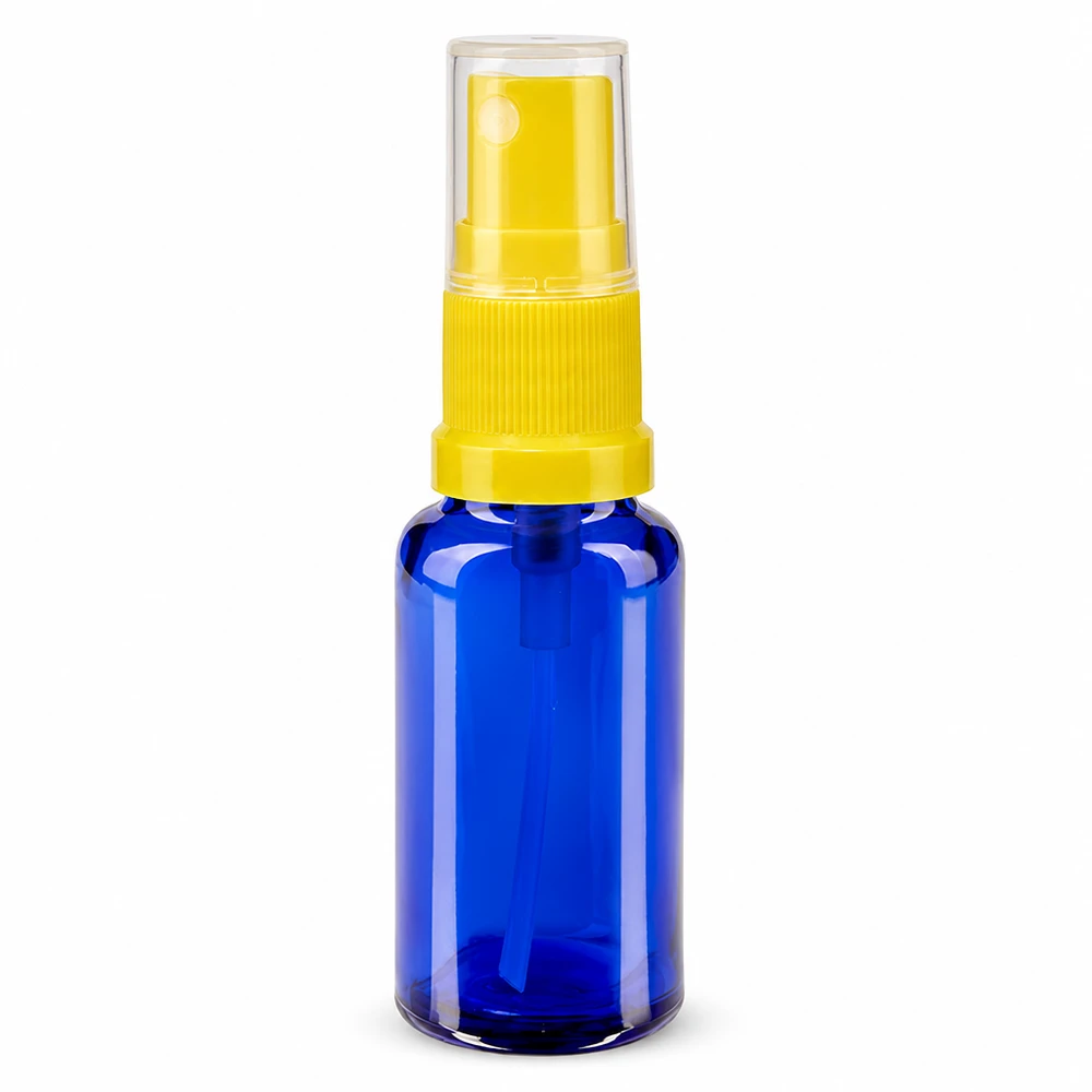 Frasco de spray de vidro azul de 20 ml com pulverizador amarelo e tampa protetora transparente ApoGlas STD