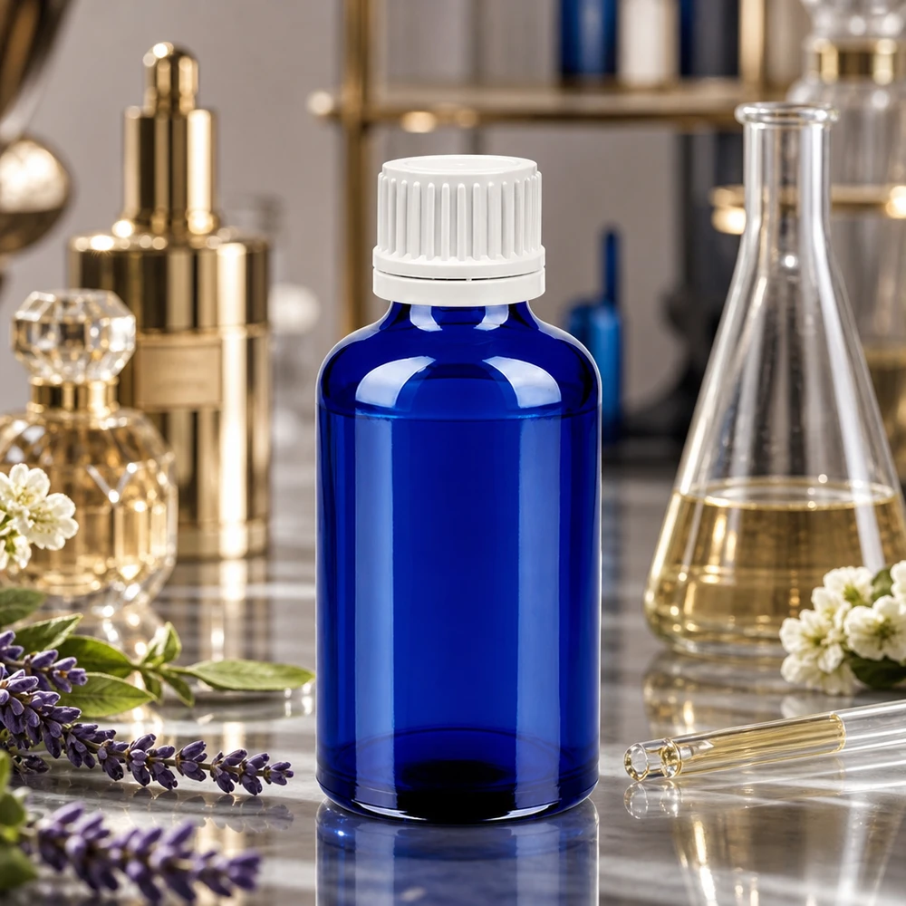 Frasco conta-gotas de vidro azul de 50 ml com tampa de rosca branca para aplicações profissionais de aromaterapia