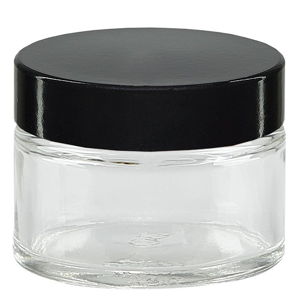 Frasco de vidro 15ml transparente, com tampa preta. Tampa de baquelite