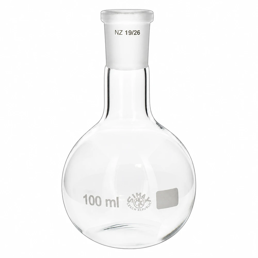 Balão de 100 ml com junta esmerilada normalizada 19/26 em vidro borossilicato transparente para laboratório