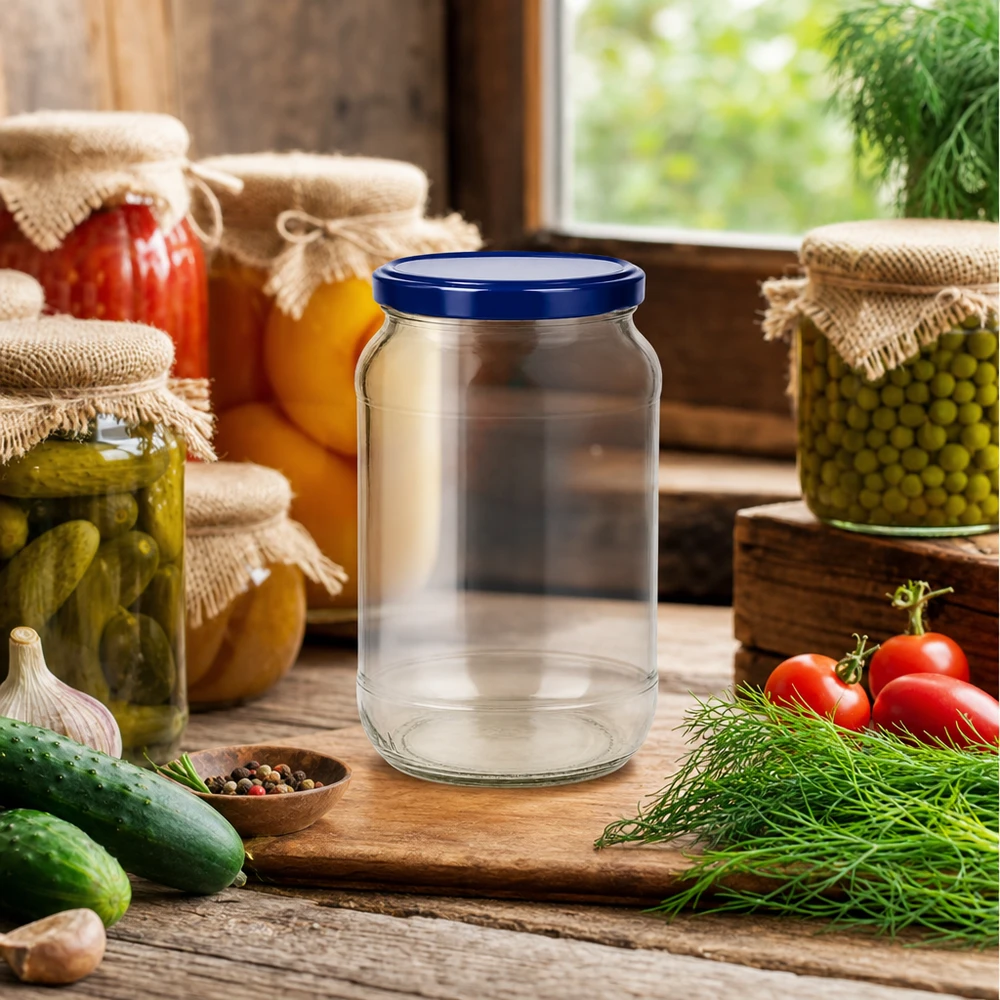Frasco redondo de 1062 ml + tampa BasicSeal azul UNiTWIST Frasco redondo de 1062 ml BasicSeal azul UNiTWIST tampa vazia entre frascos de conserva legumes cena de cozinha frasco de conserva