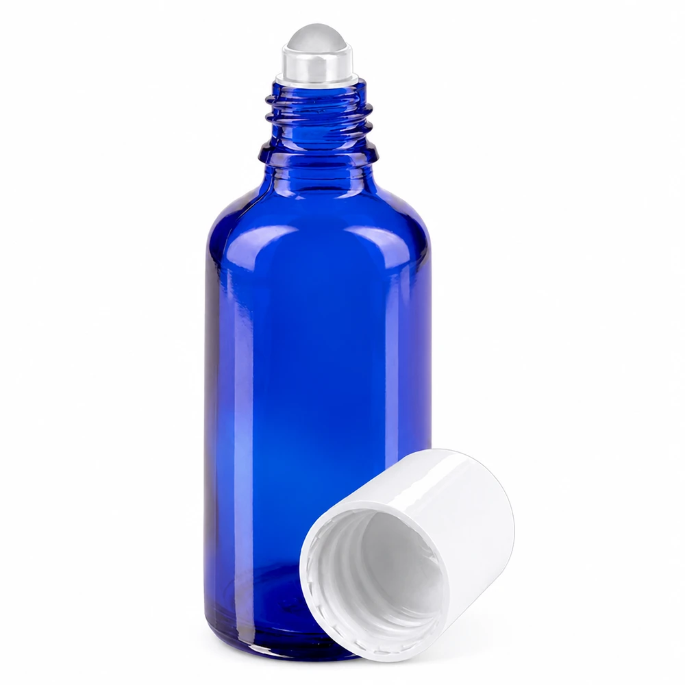 Frasco azul de 50 ml com aplicador de bola, em vidro de farmácia, com tampa branca e aplicador de bola