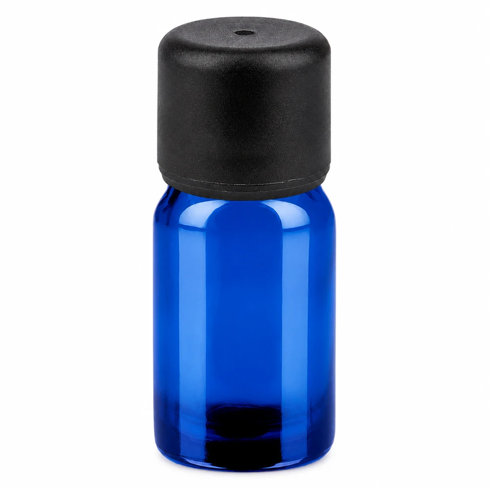 Frasco de 5ml com tampa de rosca de 6mm preta Standard BlueLine UT18/5 Frasco de vidro de 5 ml azul com tampa preta para óleos essenciais e aromaterapia