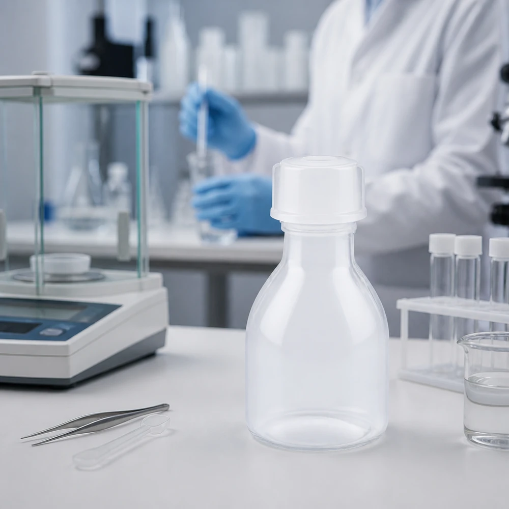 Frasco de plástico transparente com gargalo estreito e tampa de rosca, com 20 ml, ao lado de uma balança de precisão num laboratório