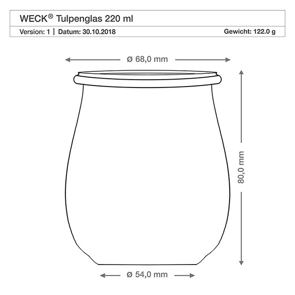 Mini jarro de tulipas WECK 220ml com colher de mel Desenho técnico do frasco tulipa WECK 220ml com dimensões de 68mm de diâmetro, 80mm de altura e 122g de peso