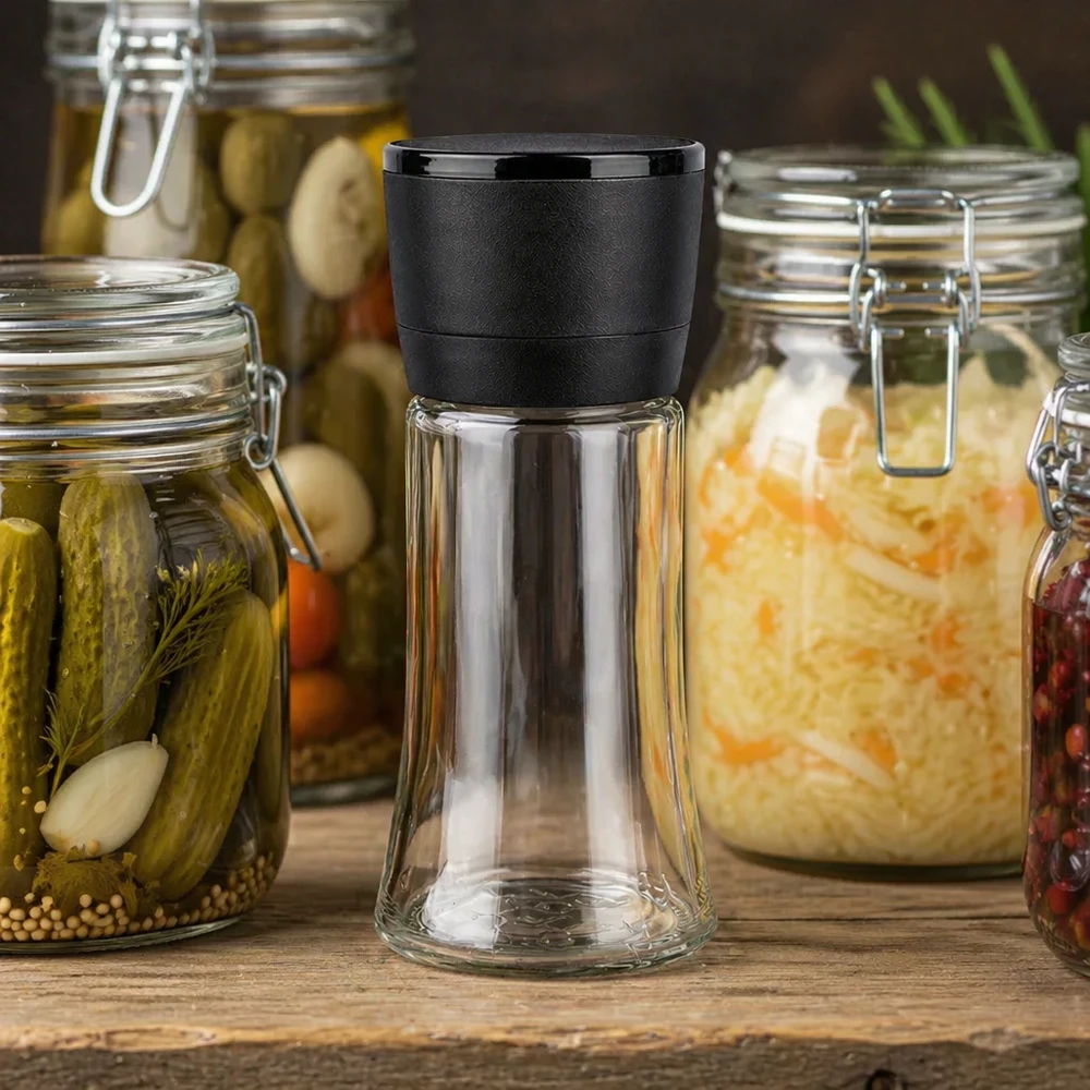 Frasco para sal/especiarias de 95 ml com moinho Vario preto Frasco compacto para especiarias de 95 ml com moinho Vario preto, entre legumes em conserva em frascos Weck