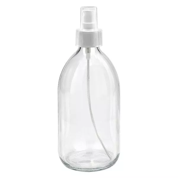 Frasco de medicamento de 500ml transparente, com pulverizador de bomba branco ApoGlas Frasco de medicamento de 500ml transparente, com pulverizador de bomba branco ApoGlas