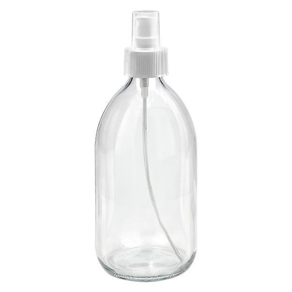 Frasco de medicamento de 500ml transparente, com pulverizador de bomba branco ApoGlas Frasco de medicamento de 500ml transparente, com pulverizador de bomba branco ApoGlas