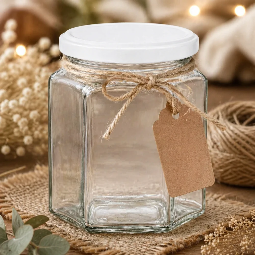 Frasco de mel de 400 g hexagonal vazio com etiqueta de papel kraft e fio de juta como embalagem de oferta numa mesa natural