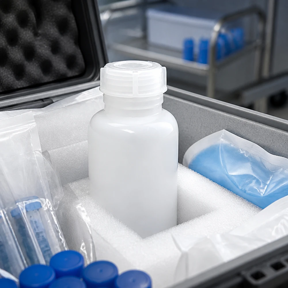 Weißer 250ml Laborbehälter Weithals in Kältetransportverpackung für biologische Proben