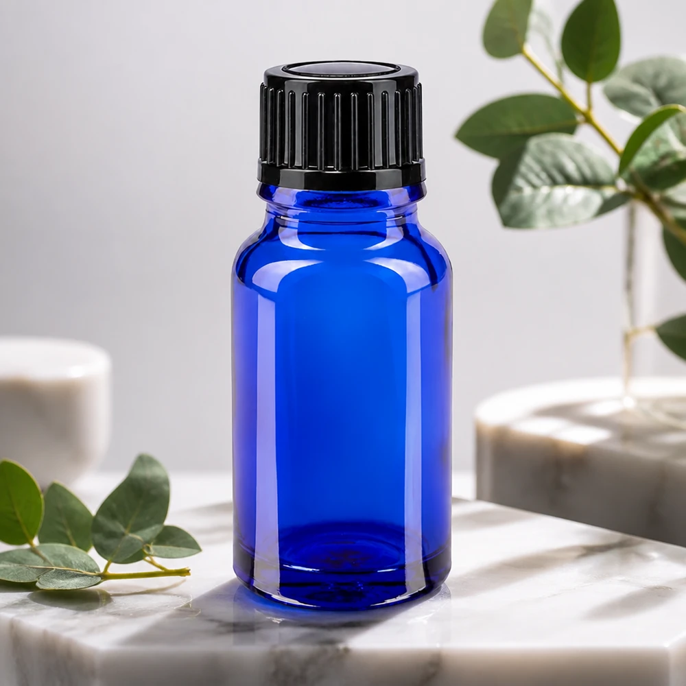 Frasco de farmácia de 10 ml, azul cobalto, em vidro de alta qualidade, com tampa preta padrão de 11 mm