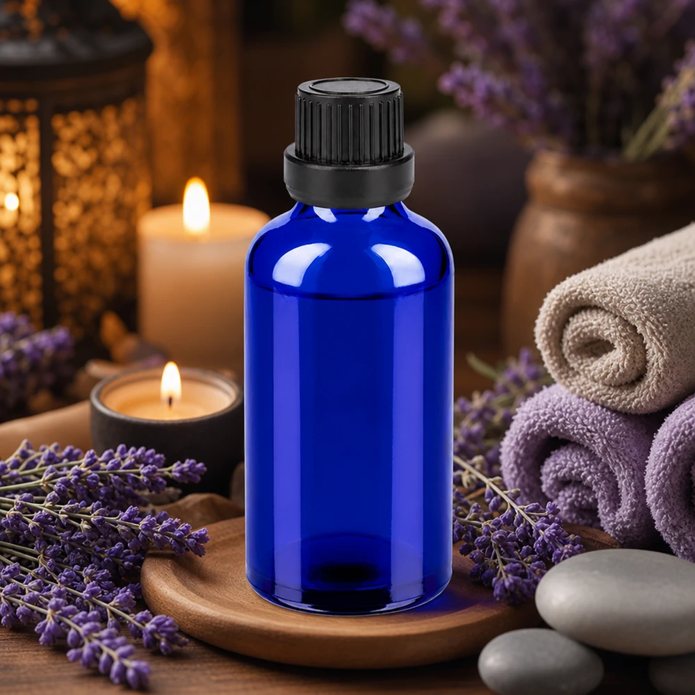 Frasco de vidro azul-cobalto de 50 ml de alta qualidade com tampa preta para aromaterapia