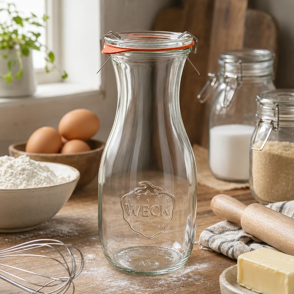Garrafa de sumo WECK 530ml RR60 em ambiente de cozinha com ingredientes de pastelaria, ovos, farinha e manteiga sobre bancada de madeira
