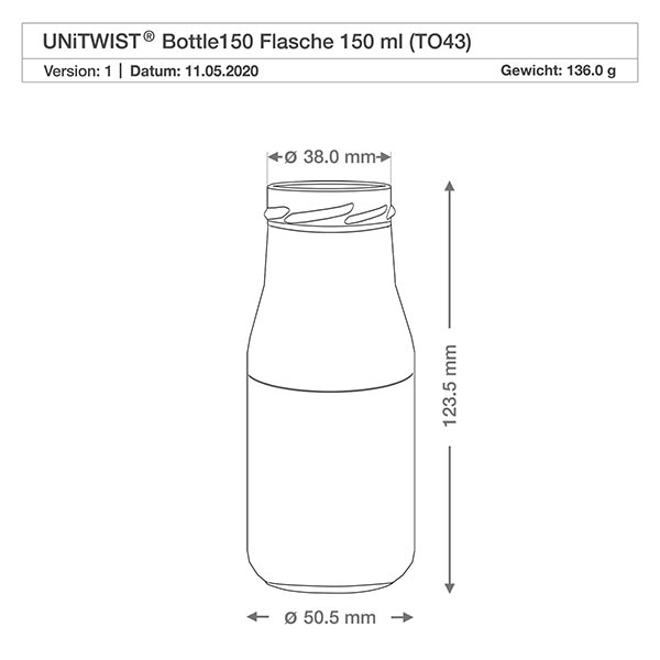 Frasco de 150ml sem tampa (TO43) UNiTWIST UNiTWIST Bottle150 garrafa de vidro 150ml TO43 com dimensões 38mm diâmetro 123,5mm altura desenho técnico