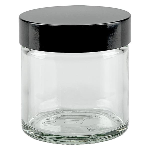 Frasco de vidro de 60ml transparente, com tampa de baquelite preta ApoGlas Frasco de vidro de 60ml transparente, com tampa de baquelite preta ApoGlas