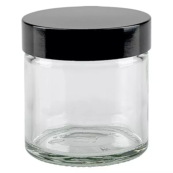Frasco de vidro de 60ml transparente, com tampa de baquelite preta ApoGlas