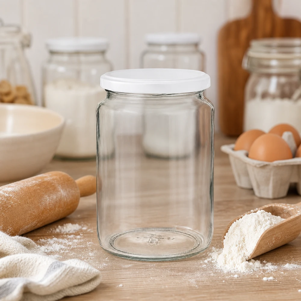 Frasco redondo UNiTWIST de 795 ml em cena de cozinha com ingredientes de pastelaria mostra uma utilização versátil como frasco de armazenamento de farinha