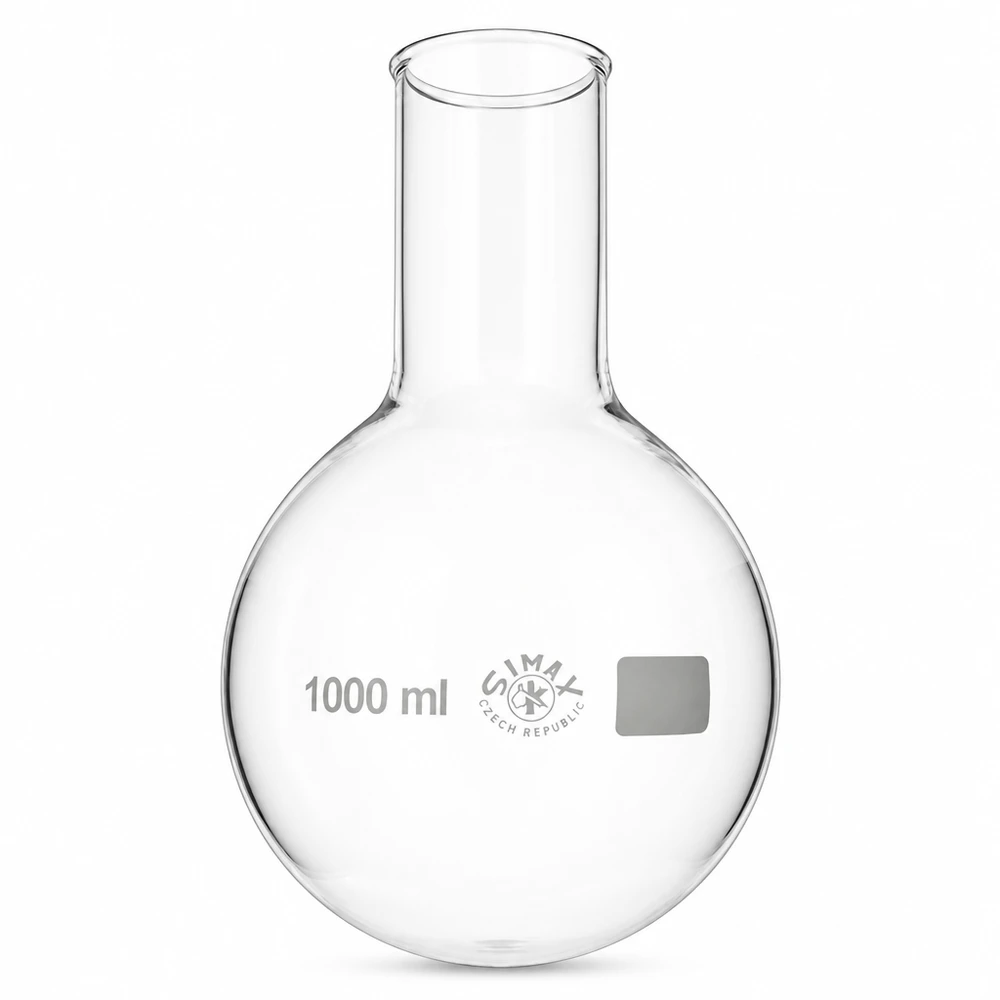 Balão de fundo redondo de 1000 ml com gargalo largo em vidro borossilicato para uso laboratorial
