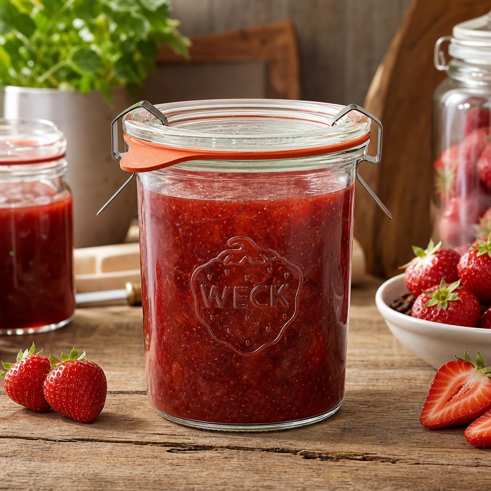 Copos de vidro de 160ml completos WECK RR60 Frasco de conserva WECK de 160 ml cheio de compota de morango sobre uma mesa de madeira com morangos frescos e ambiente de cozinha