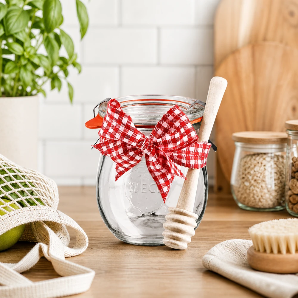 Mini jarro de tulipas WECK 220ml com colher de mel Mini jarro de tulipas WECK 220ml em cozinha sustentável com colher de mel de madeira, laço vermelho e branco e acessórios ecológicos
