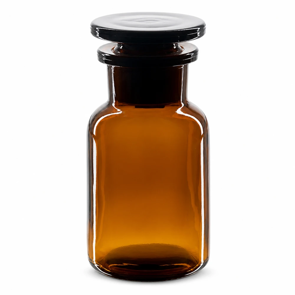 Frasco de ombro redondo 100ml castanho com tampa de vidro de gargalo largo Frasco castanho de ombros arredondados, 100 ml, com rolha de vidro e gargalo largo, para laboratório e farmácia