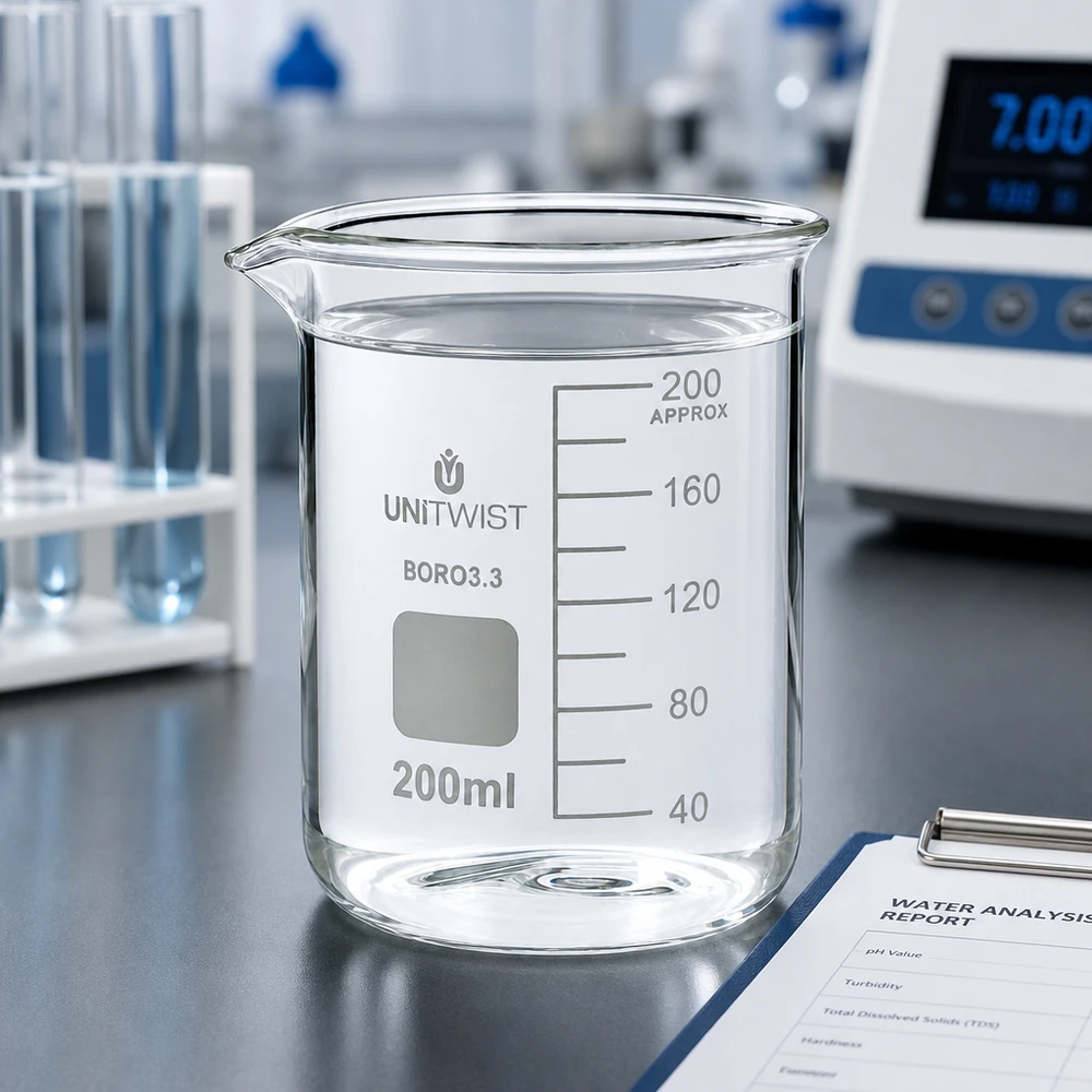 Copo de vidro transparente de 200 ml, borossilicato 3.3, da UNiTWIST, juntamente com o relatório de análise da água do laboratório de ensaios