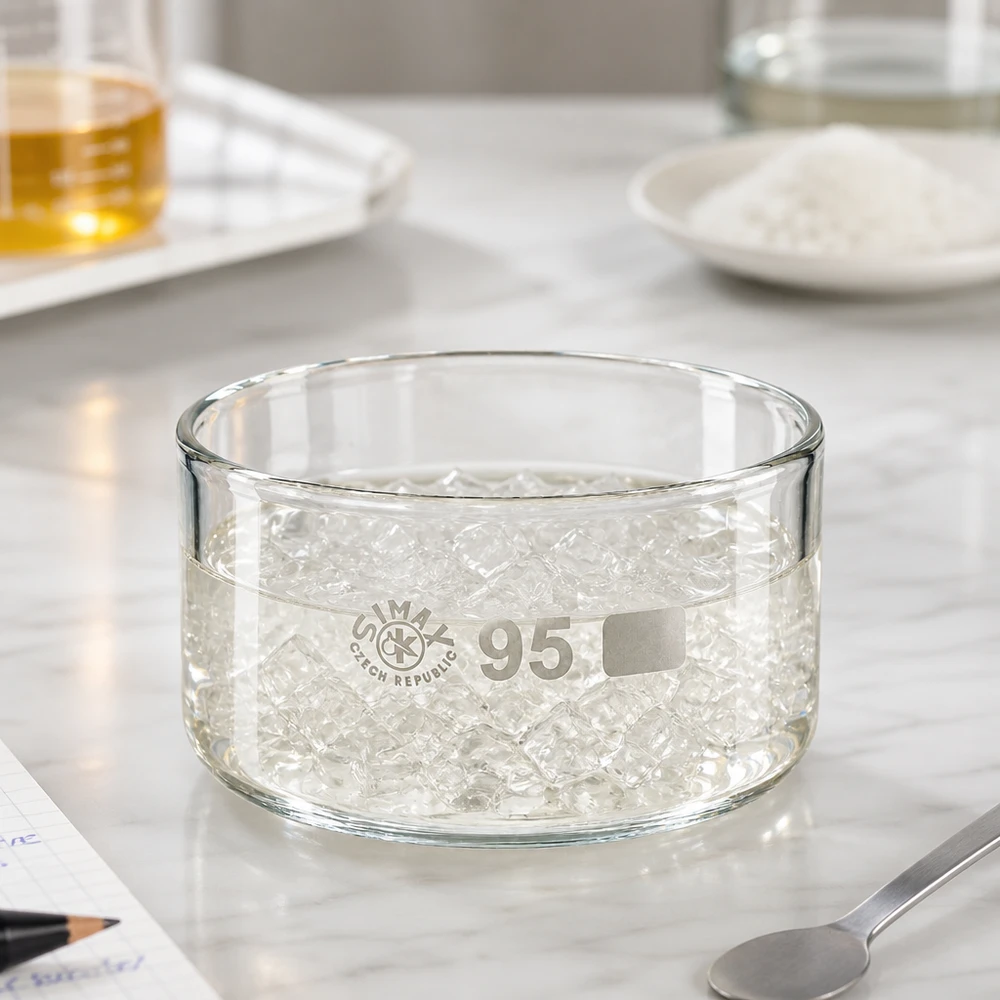 300ml Kristallisierschale ohne Ausguss Borosilikat ø95mm Bacia de cristalização de 300 ml, cheia de pérolas de gel transparentes, de vidro borossilicato Simax, para laboratório