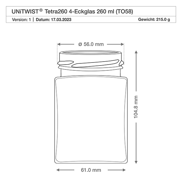 Frasco tetra de 260ml sem tampa (TO58) UNiTWIST UNiTWIST Tetra260 Copo de 4 cantos 260ml TO58 desenho técnico com dimensões 56mm diâmetro 104,8mm altura peso 215g
