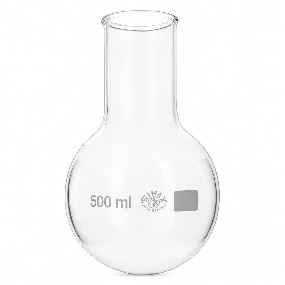 Balão de fundo redondo de 500 ml com gargalo largo, fabricado em vidro borossilicato de alta qualidade para utilização em laboratório