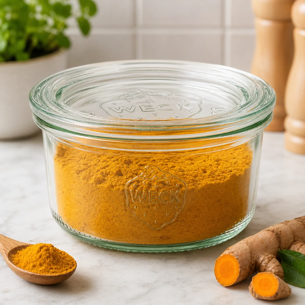 Copos de vidro de 165ml com tampa WECK RR80 Copos WECK RR80 de 165 ml cheios de açafrão-da-terra em pó ao lado de raízes de açafrão-da-terra frescas para guardar especiarias
