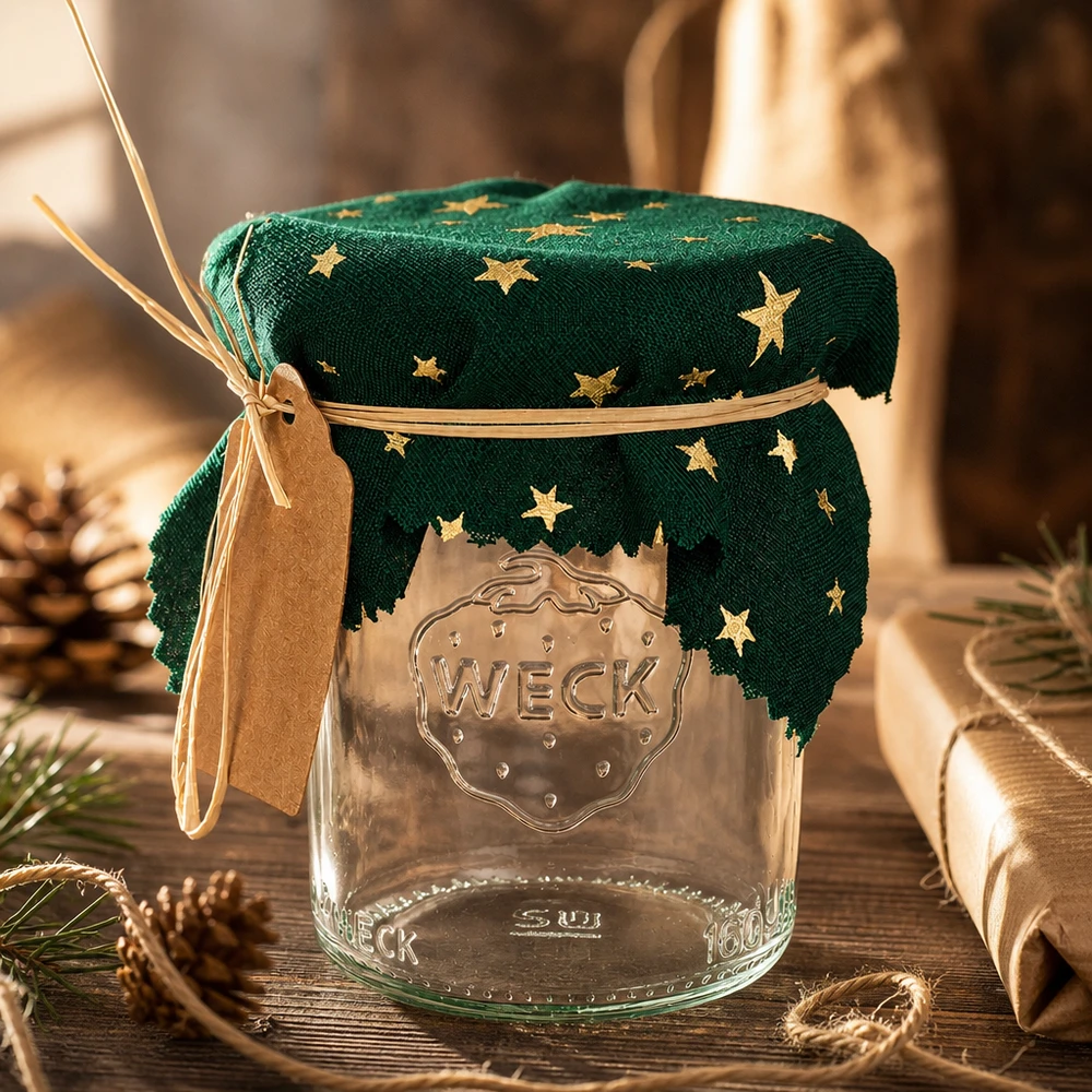 Pano para jóias em tecido verde "Estrelas" quadrado de 12 cm Decoração de Natal com estrela verde de 12 cm quadrada num frasco Weck entre pinhas e presentes